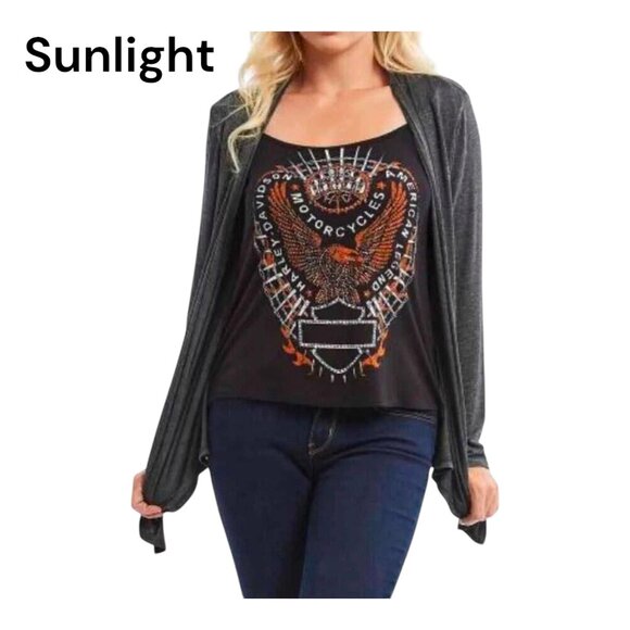 Harley-Davidson Women L/XL Open Front Cardigan With Motorcycle Graphic Tank Top - Picture 1 of 13